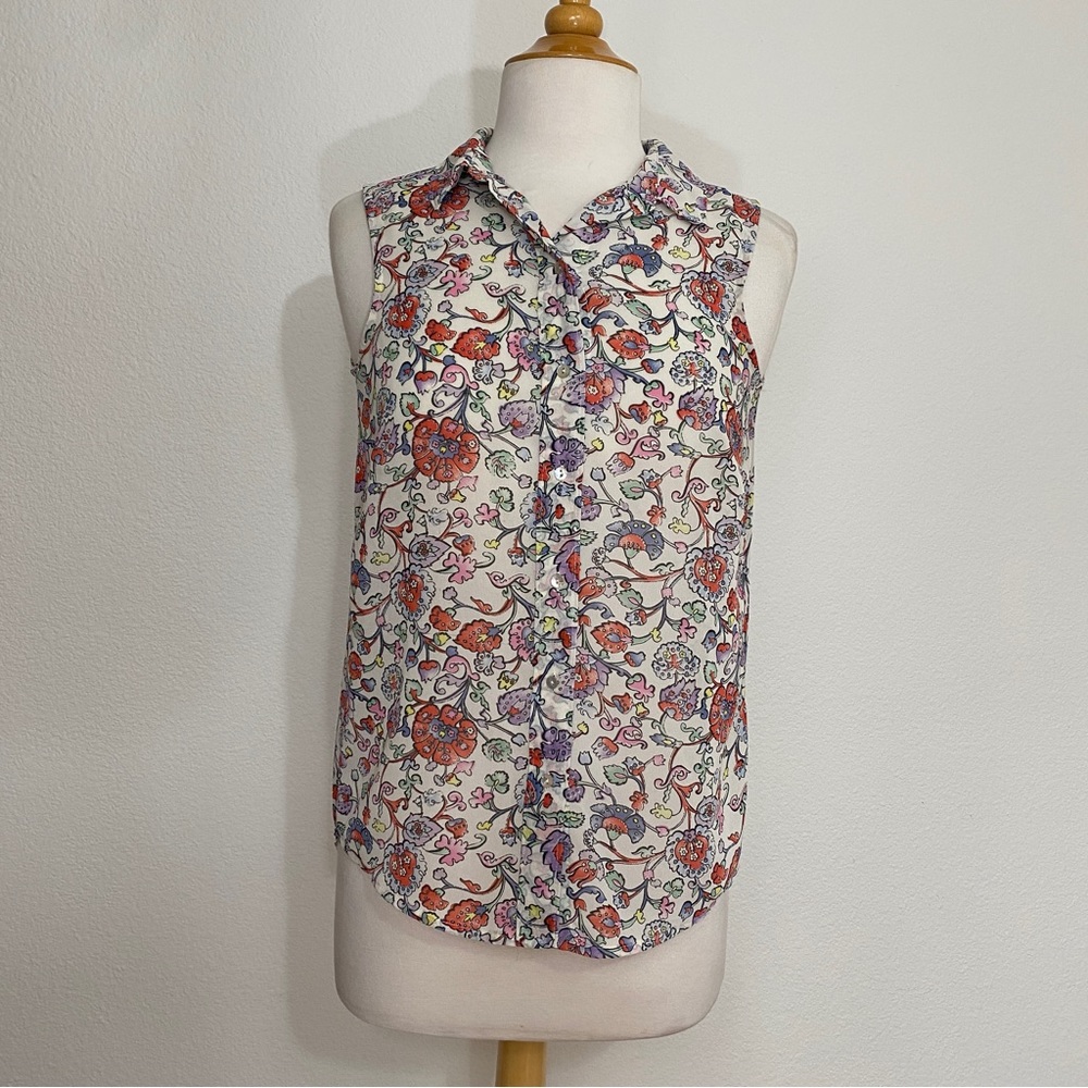 3/$25 H&M White Multicolor Paisley Floral Button Sleeveless Sheer Blouse Size 2